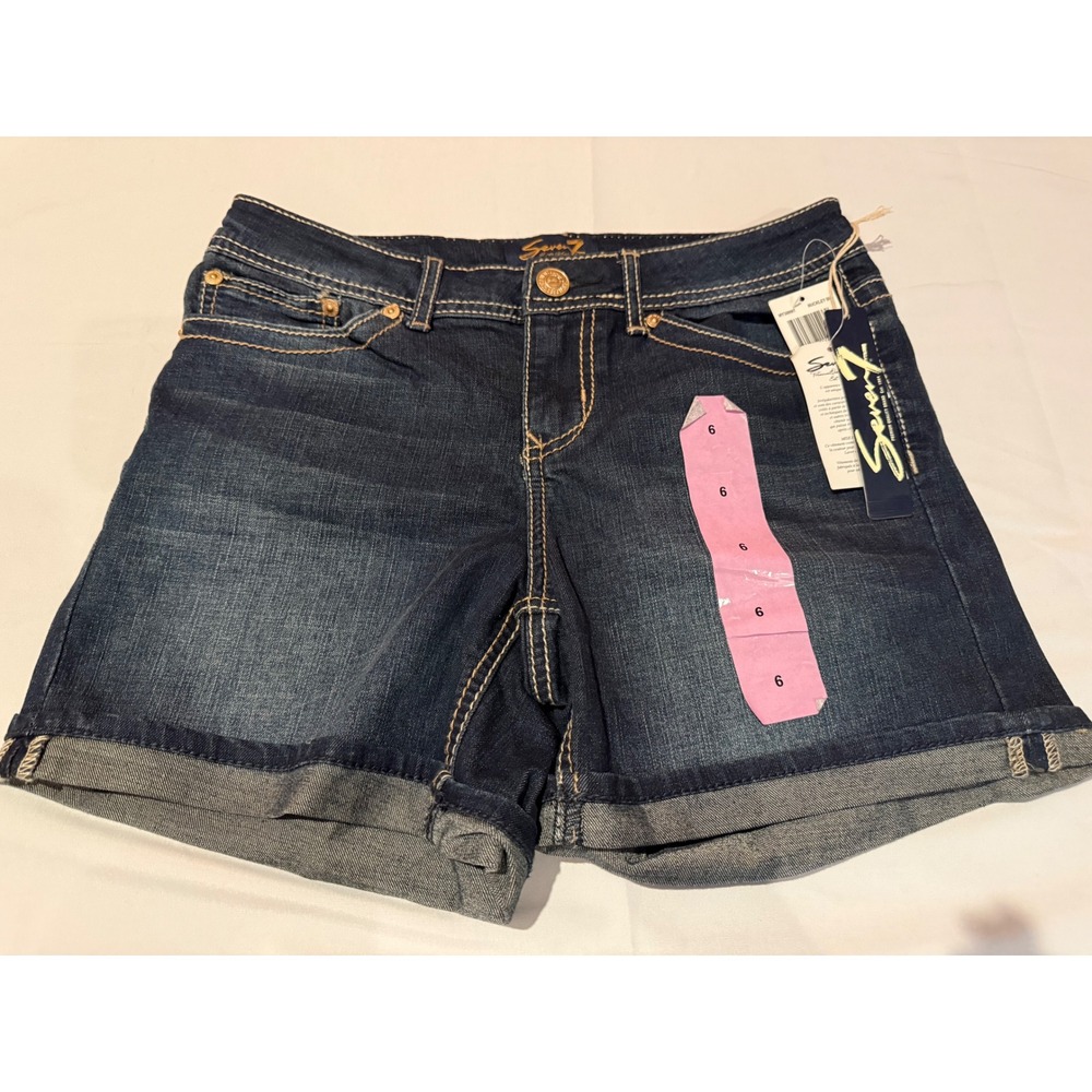 Seven7 Womens Cuffed Denim Shorts Dark Wash Embroidered Pockets Blue Size 6 NWT